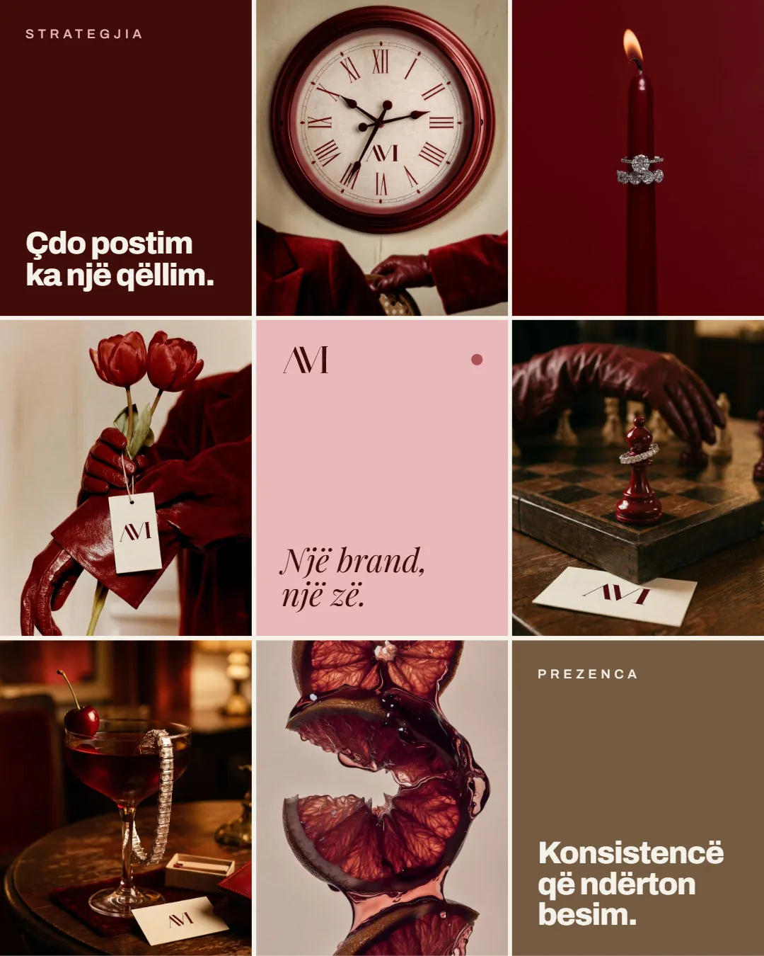 Grid i Instagramit të AVI me postime për strategjinë, zërin dhe praninë, në ngjyra vere, rozë dhe moka