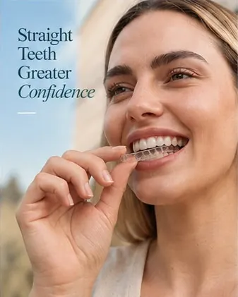 Grua që vendos një aligner transparent, me tekstin Straight teeth, greater confidence