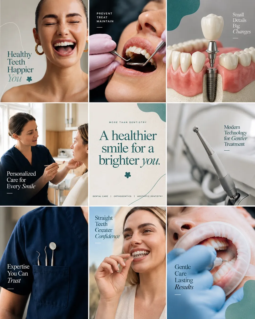 Grid për një klinikë dentare me thekse bruz: buzëqeshje, implante, ortodonci dhe kujdes